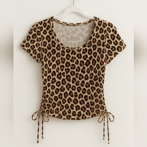 Leopard Brown, Black and Biege Ruched Tie Short Sleeve Blouse